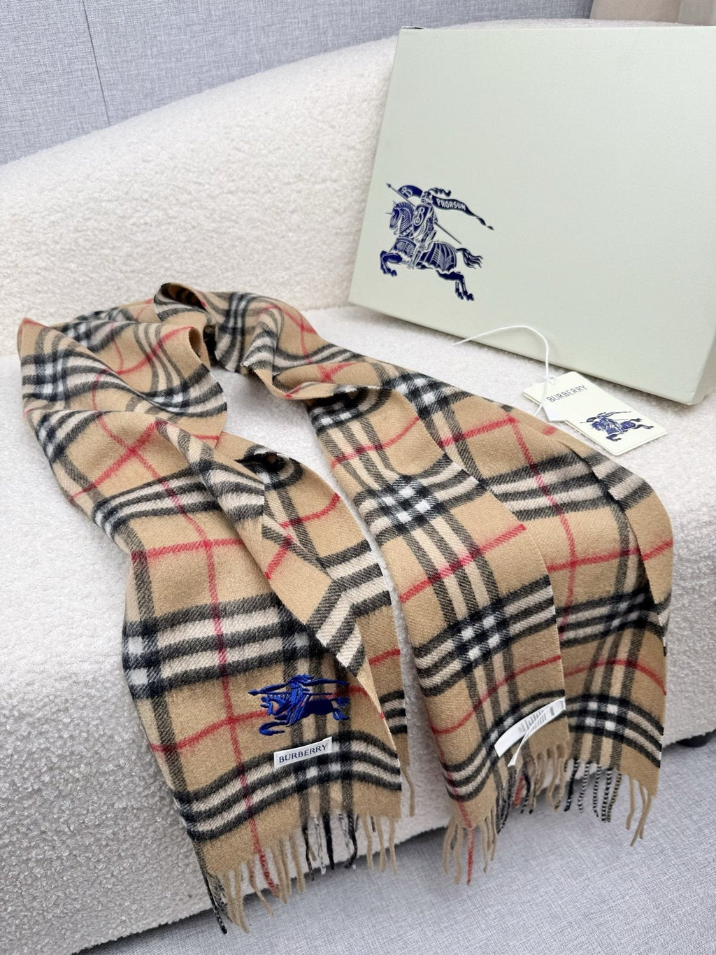 Burberry Beige Check Fringed Scarf — side
