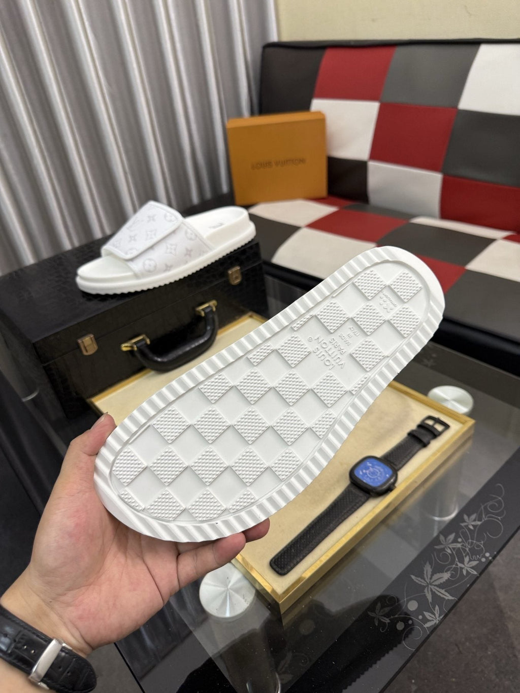 Louis Vuitton Light Gray Monogram Slide Sandals — detail