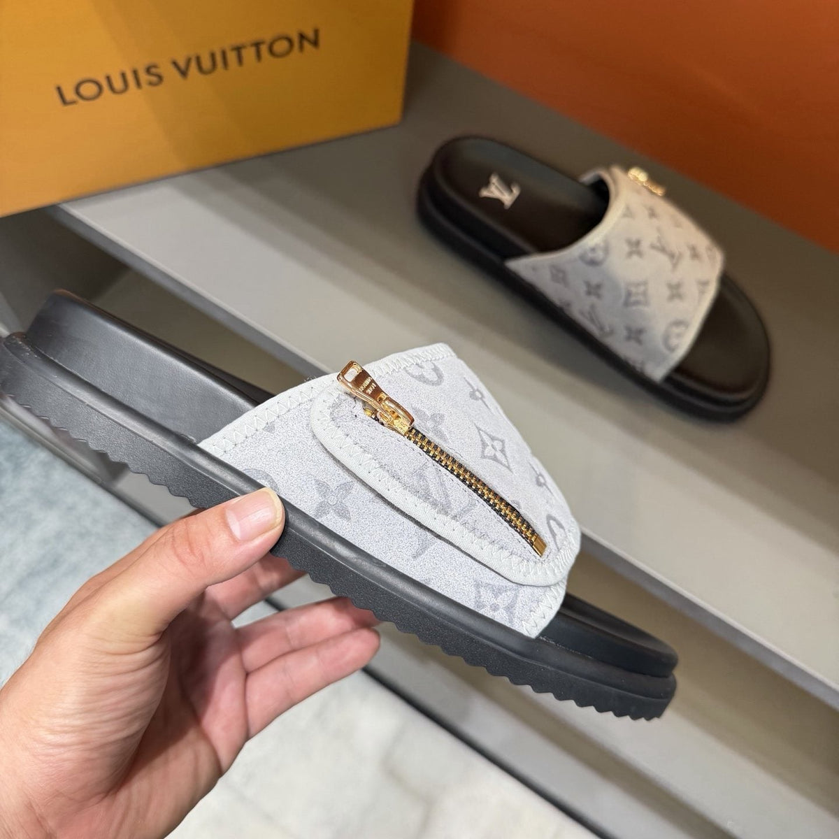 Louis Vuitton White Monogram Slide Sandals — model