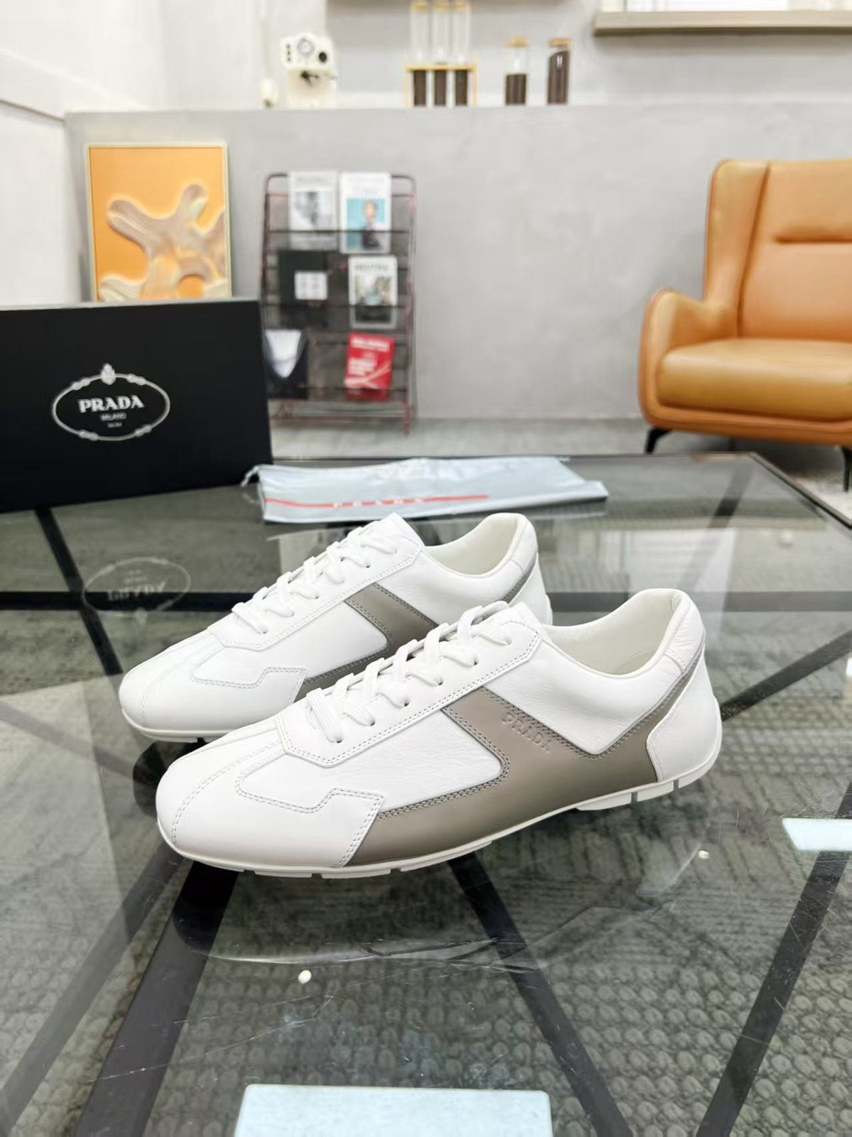 Prada White and Taupe Low-Top Sneakers — hero