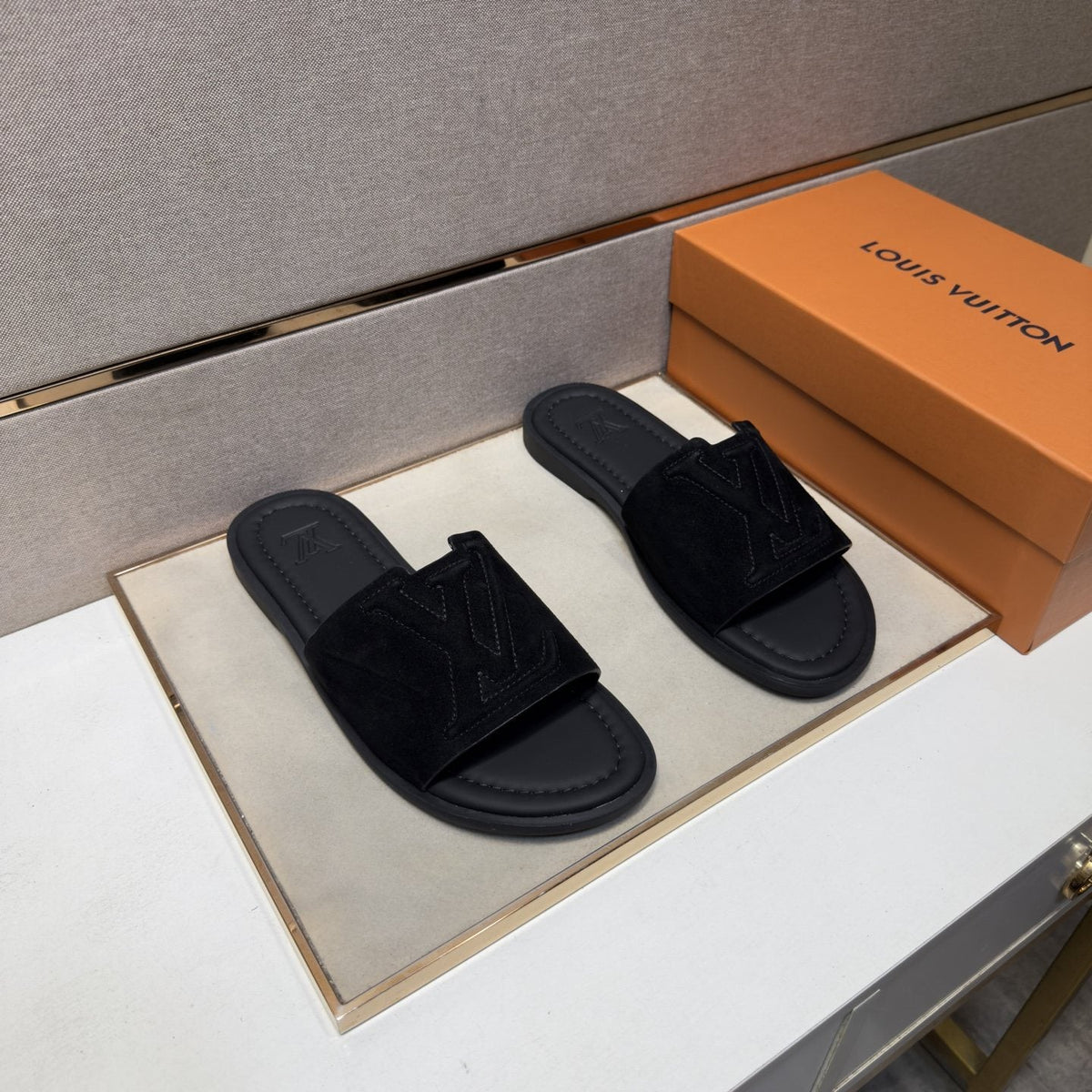 Louis Vuitton Black Logo Slide Sandals — front