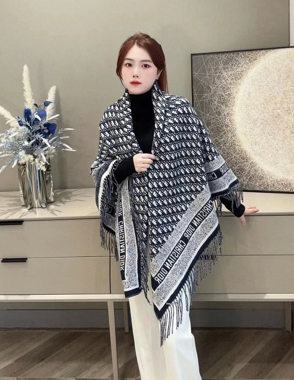 Dior Letter-Pattern Fringed Square Scarf — model