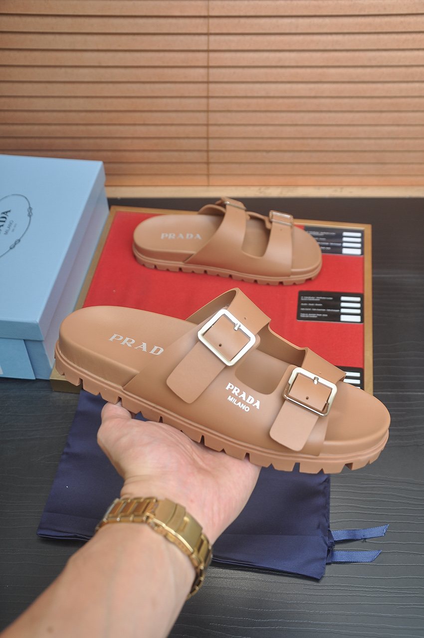 Prada Double-Buckle Slide Sandals — model