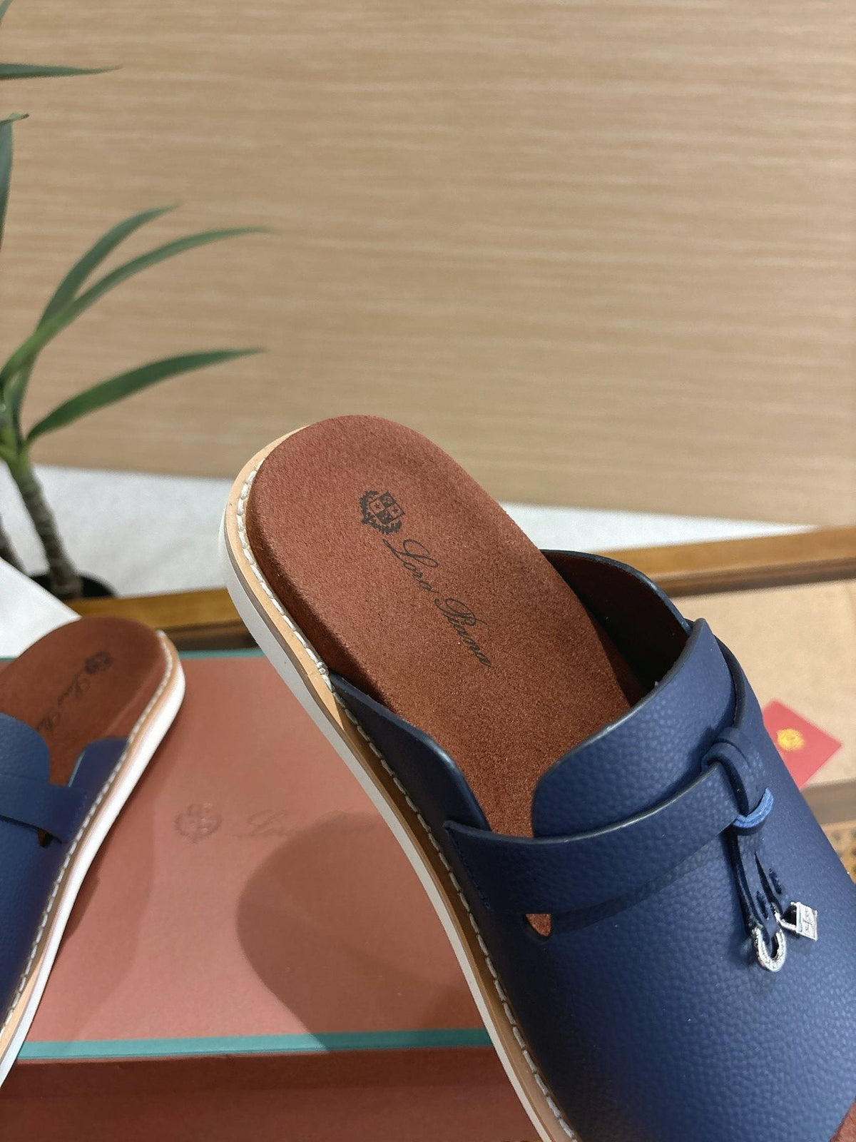 Loro Piana Textured Leather Mule Sandals — detail