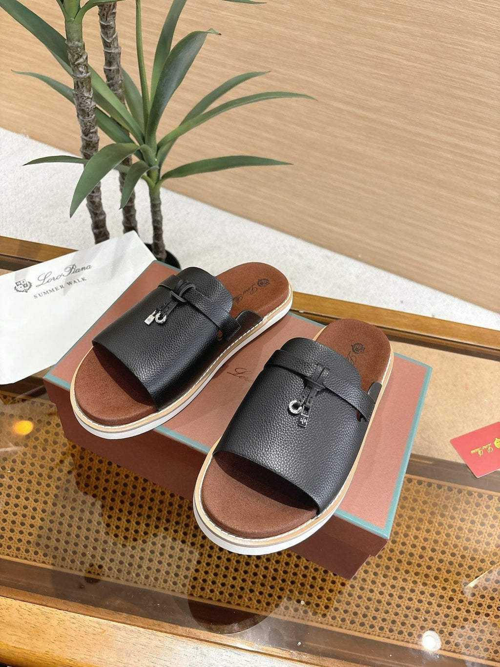 Loro Piana Navy Blue Crisscross Slide Sandals — side