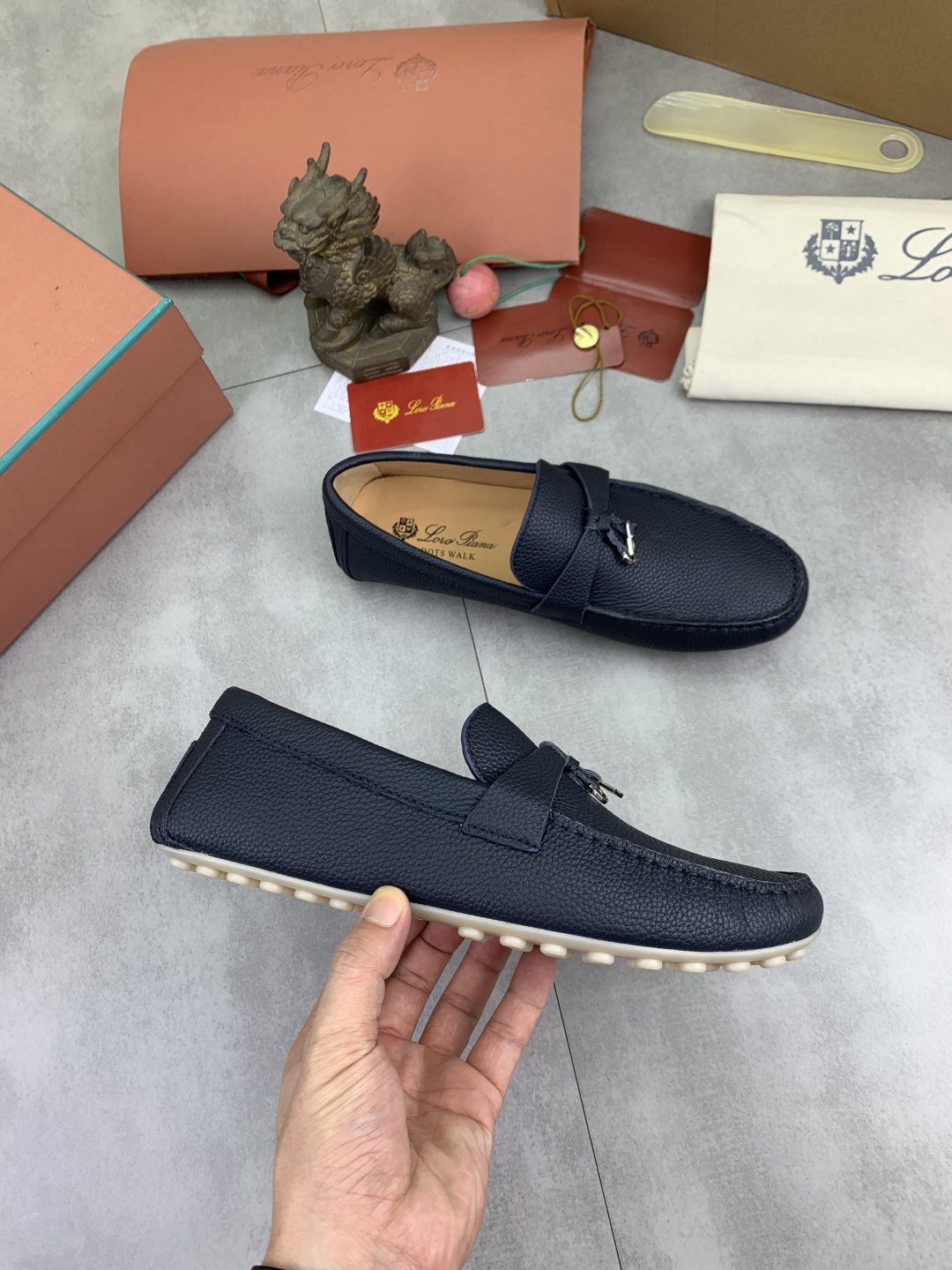Loro Piana Dark Navy Blue Moc-Toe Loafers — side