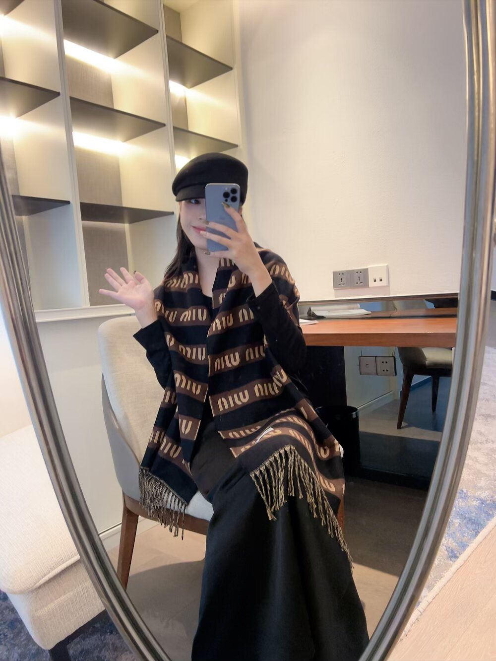 Miu Miu Gray, Black & White Fringed Scarf — model