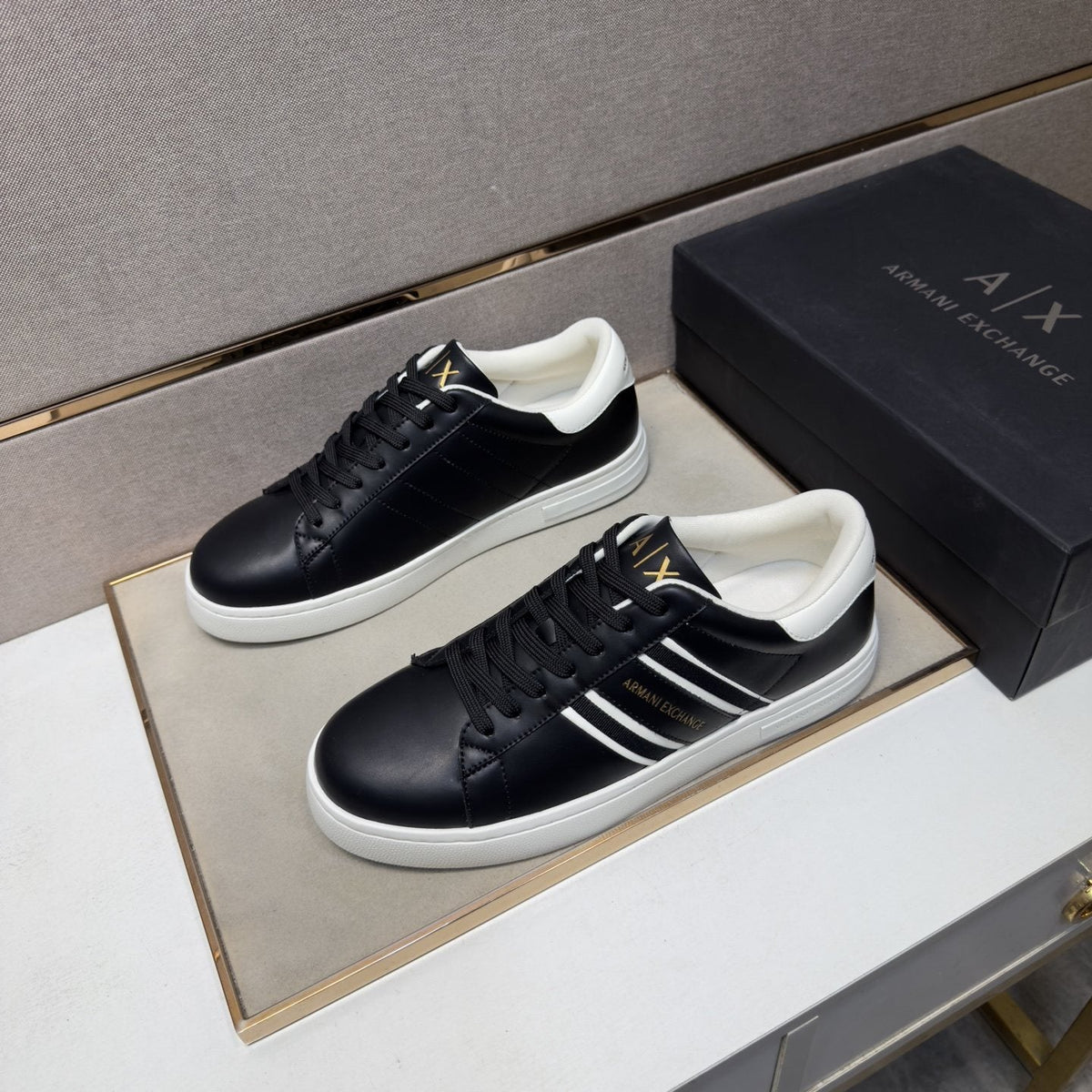 Armani Navy and White Stripe Sneakers — front